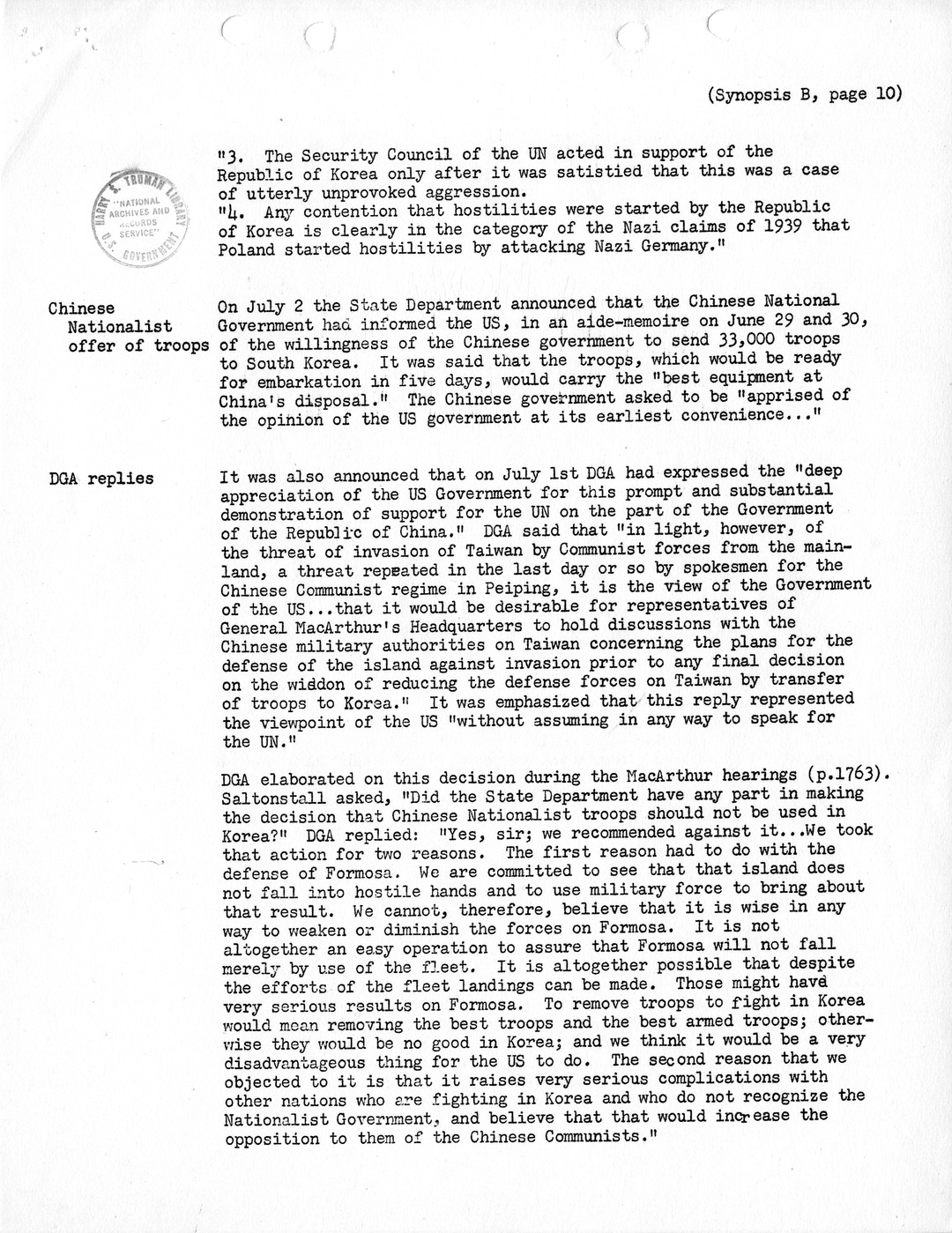 Synopsis B, Korea - The Outbreak of War, June-July 1950