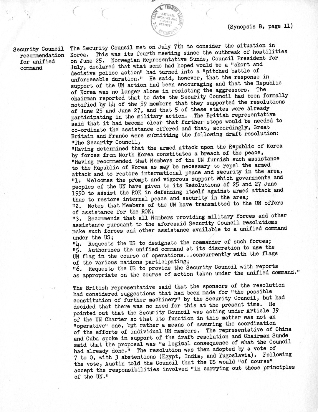Synopsis B, Korea - The Outbreak of War, June-July 1950