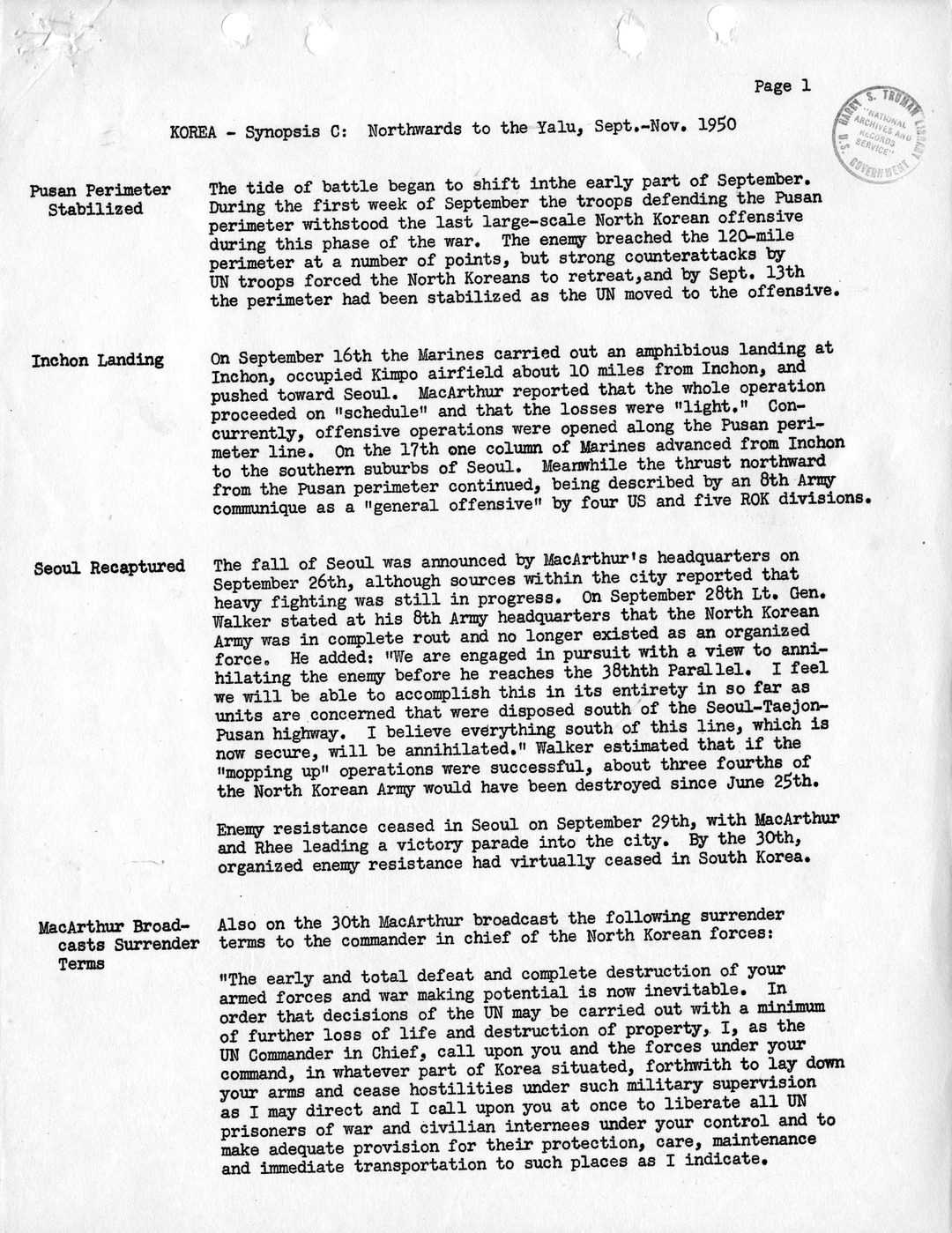 Synopsis C, Korea - Northwards to the Yalu, September-November, 1950
