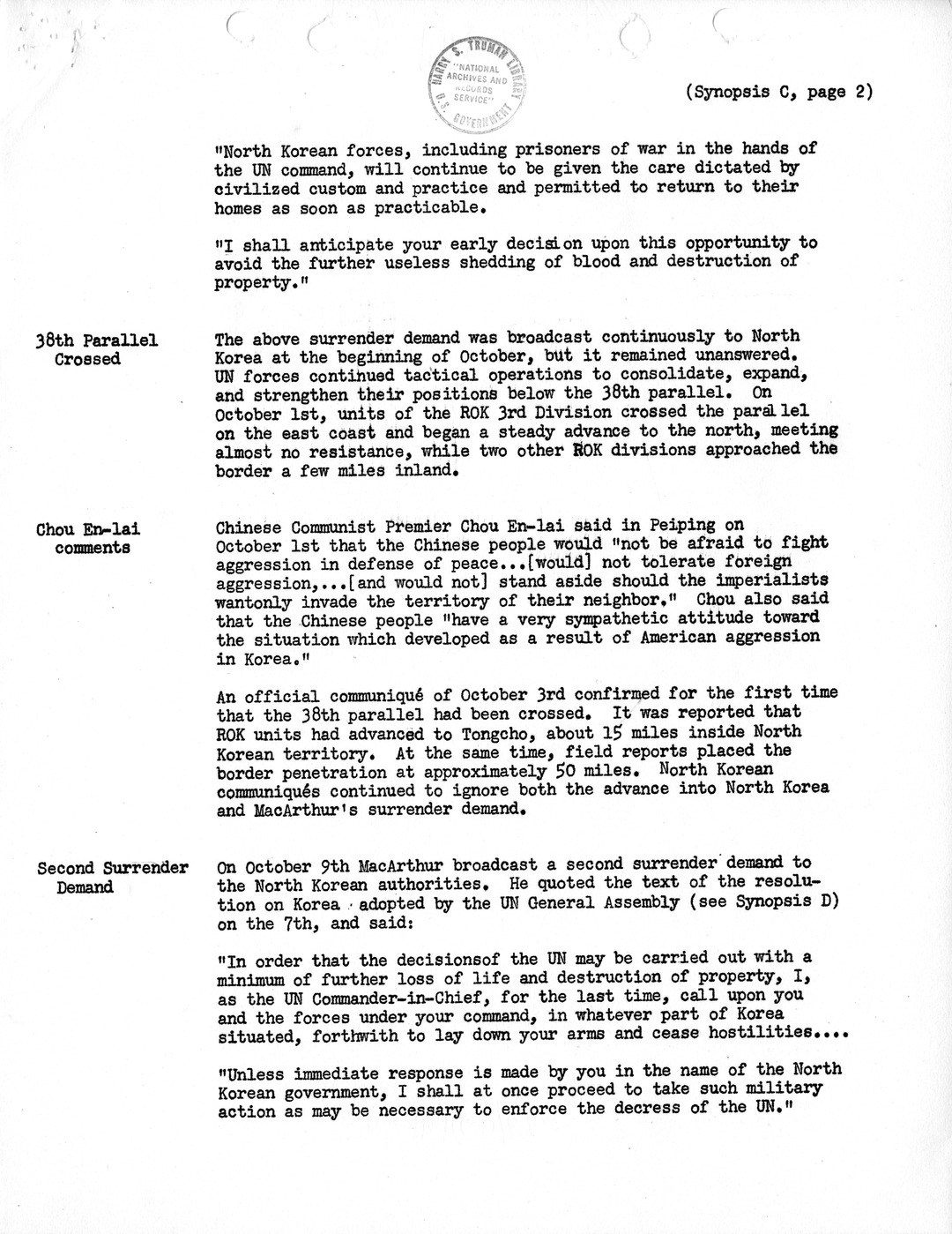 Synopsis C, Korea - Northwards to the Yalu, September-November, 1950