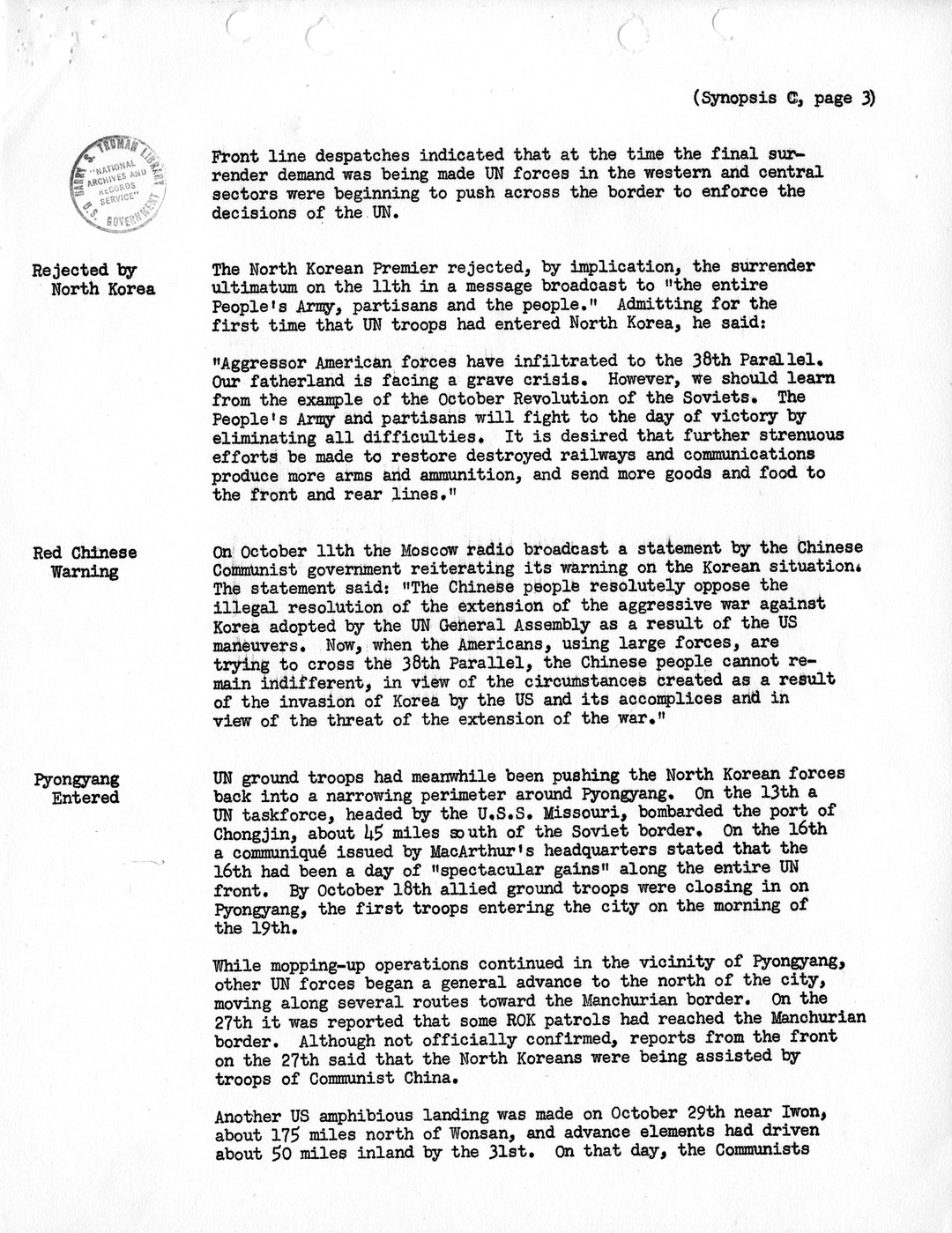 Synopsis C, Korea - Northwards to the Yalu, September-November, 1950