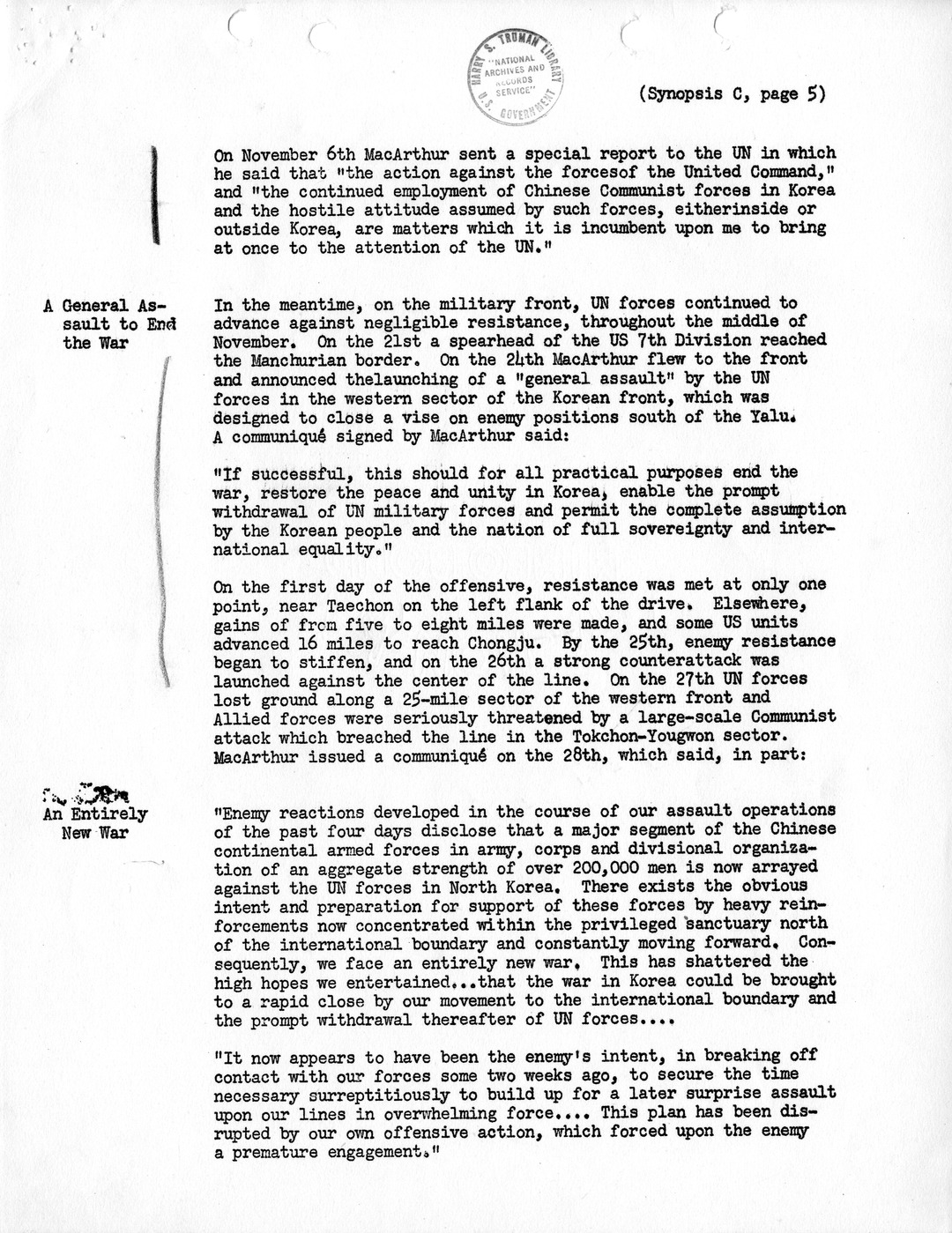 Synopsis C, Korea - Northwards to the Yalu, September-November, 1950