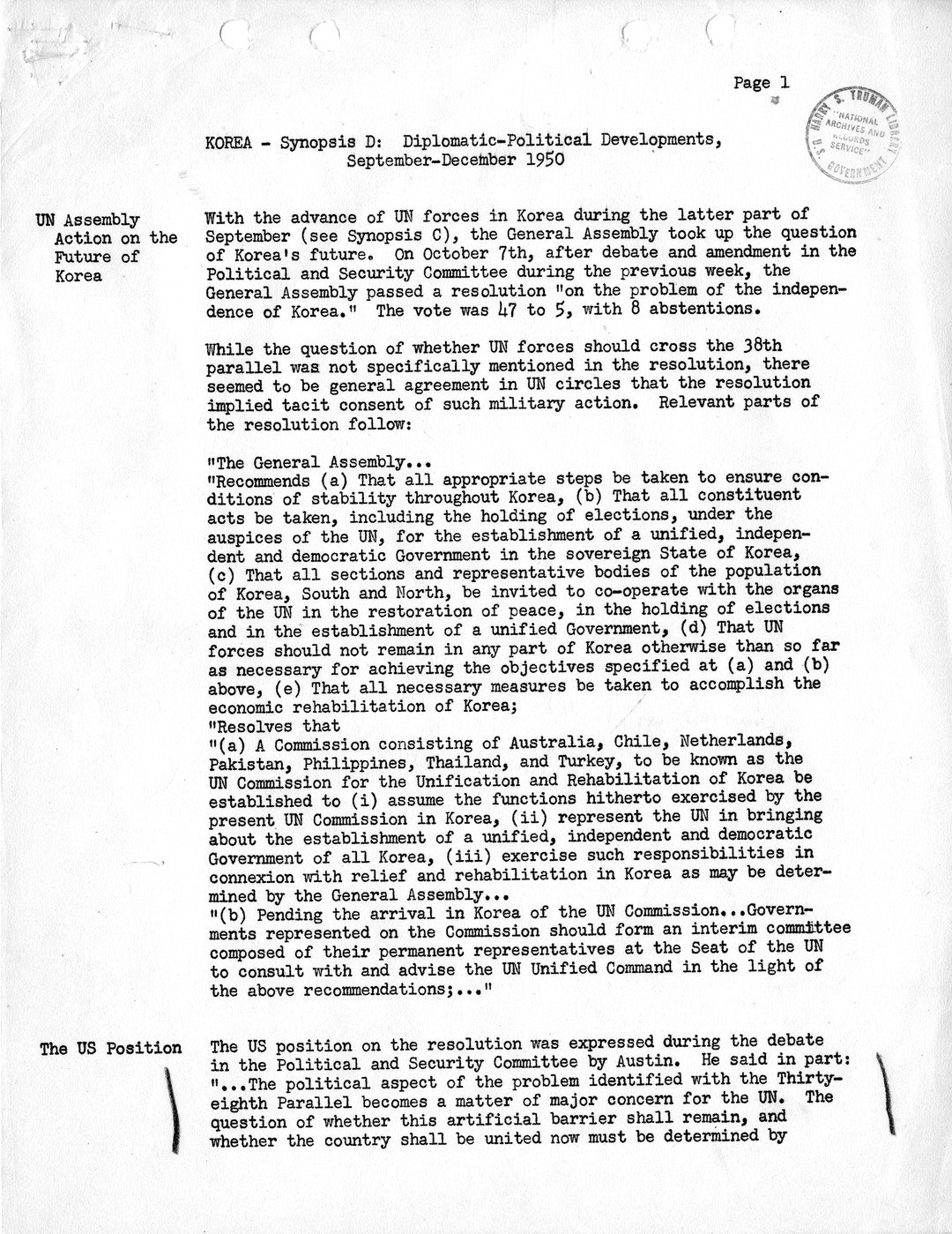 Synopsis D, Korea - Diplomatic-Political Developments, September-December 1950