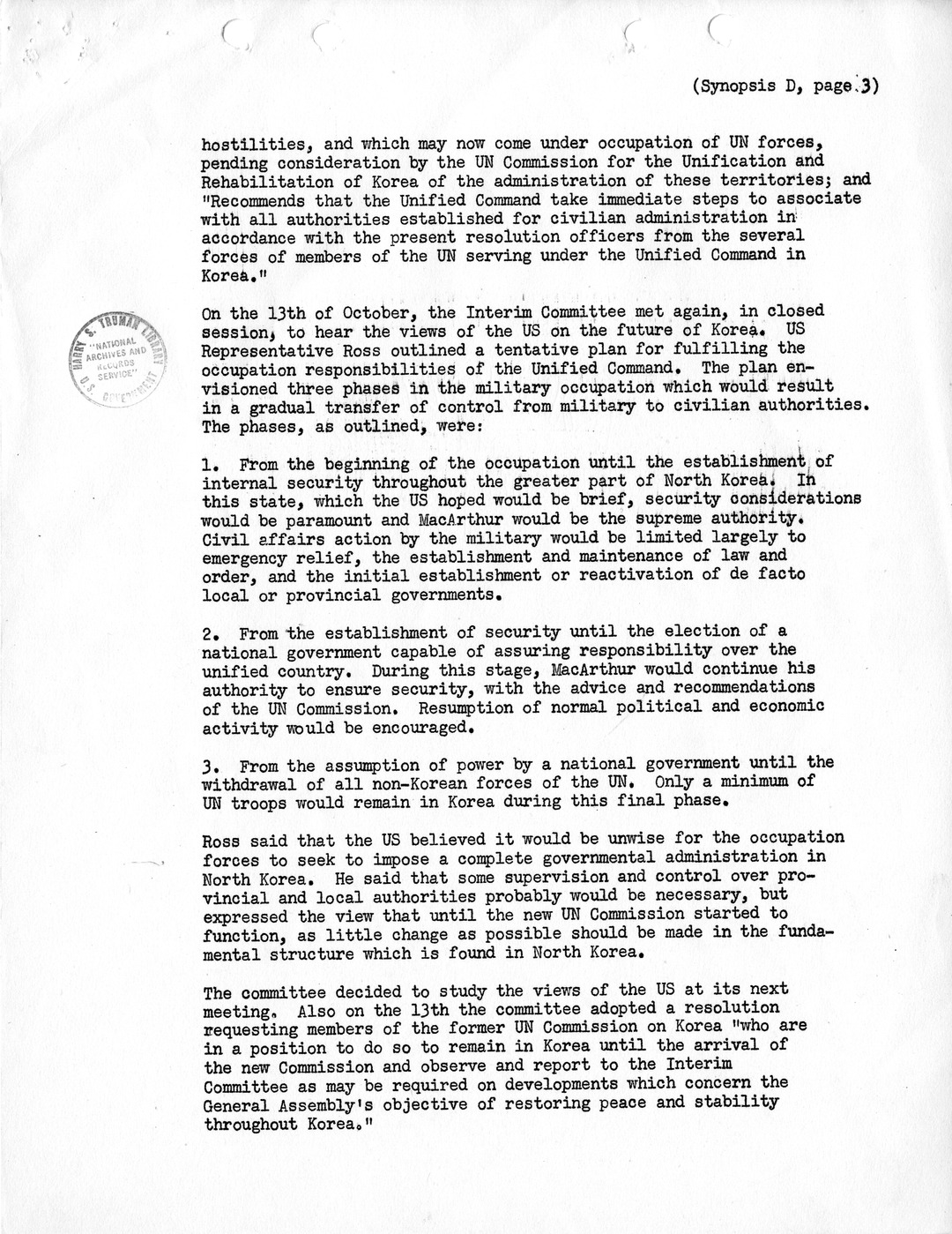 Synopsis D, Korea - Diplomatic-Political Developments, September-December 1950