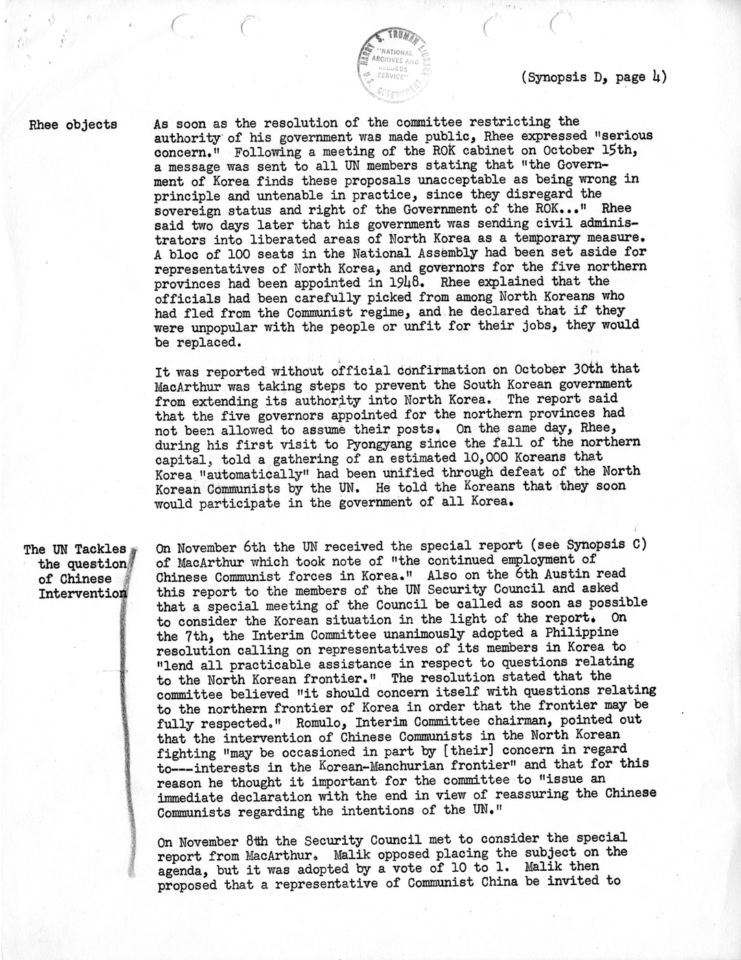 Synopsis D, Korea - Diplomatic-Political Developments, September-December 1950