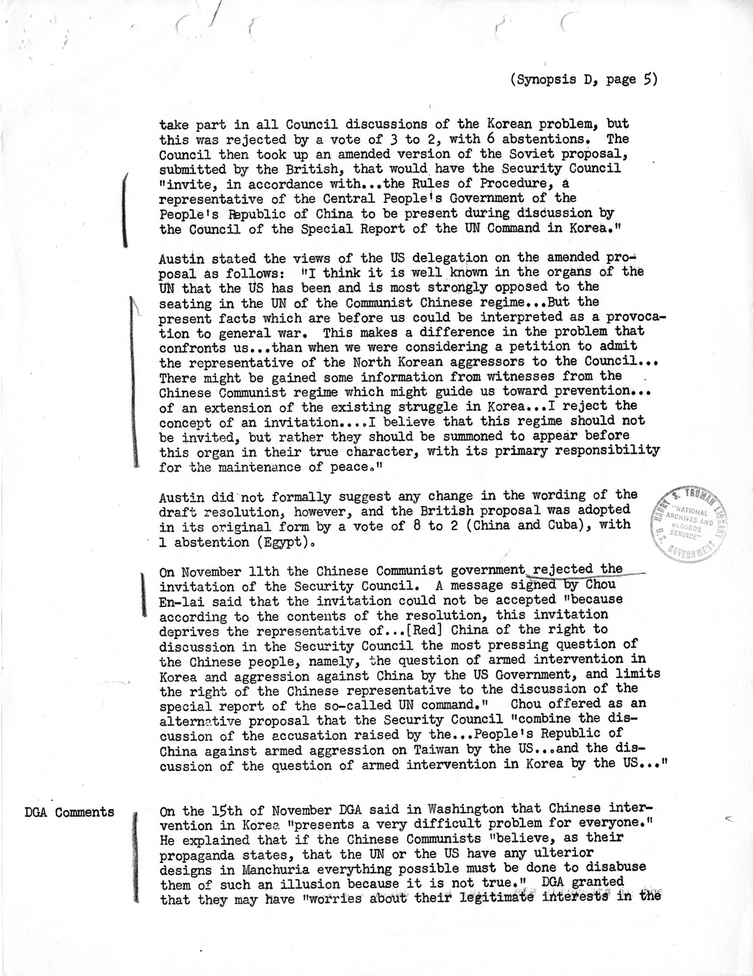 Synopsis D, Korea - Diplomatic-Political Developments, September-December 1950