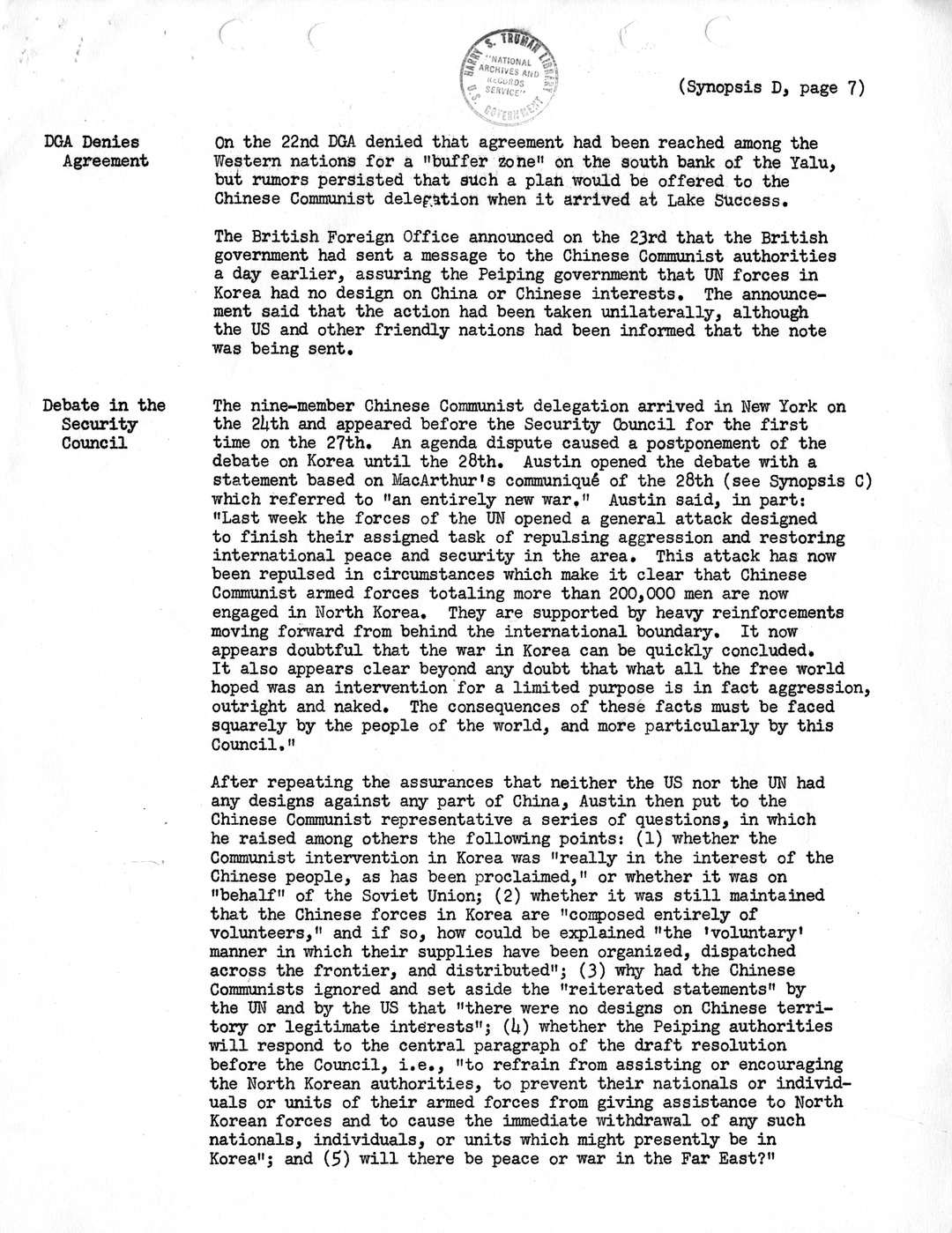 Synopsis D, Korea - Diplomatic-Political Developments, September-December 1950