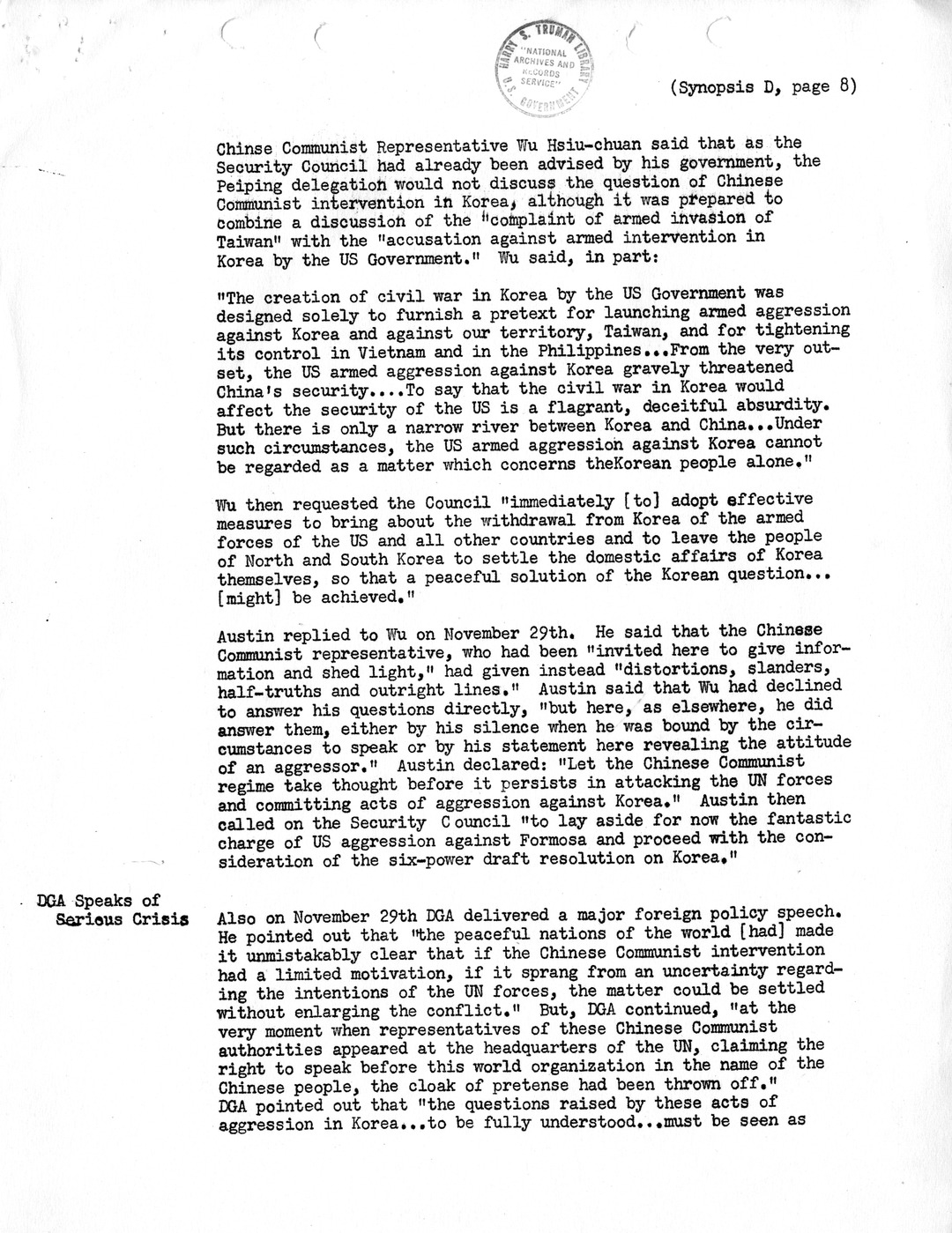 Synopsis D, Korea - Diplomatic-Political Developments, September-December 1950
