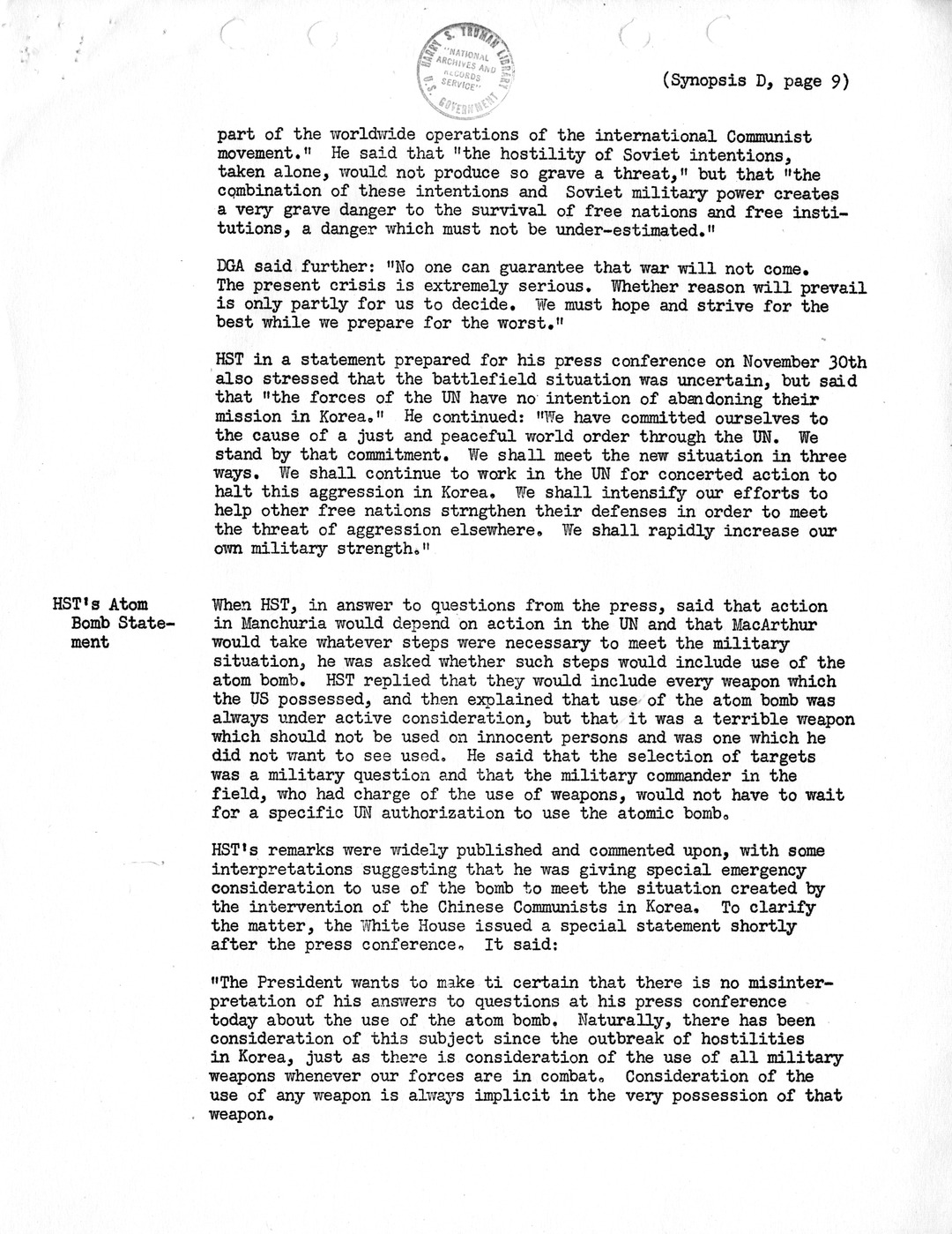 Synopsis D, Korea - Diplomatic-Political Developments, September-December 1950