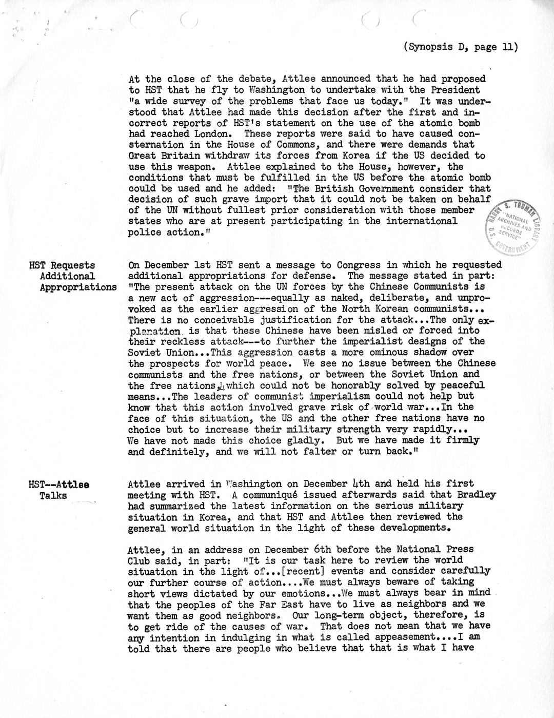 Synopsis D, Korea - Diplomatic-Political Developments, September-December 1950