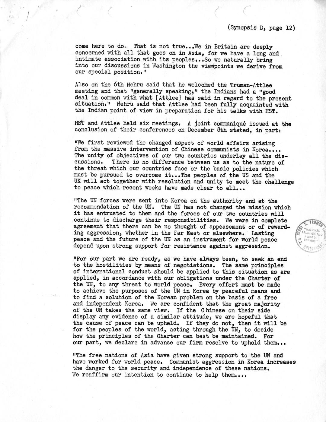 Synopsis D, Korea - Diplomatic-Political Developments, September-December 1950