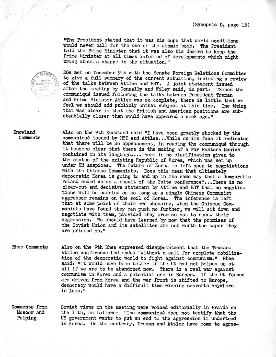 Synopsis D, Korea - Diplomatic-Political Developments, September-December 1950