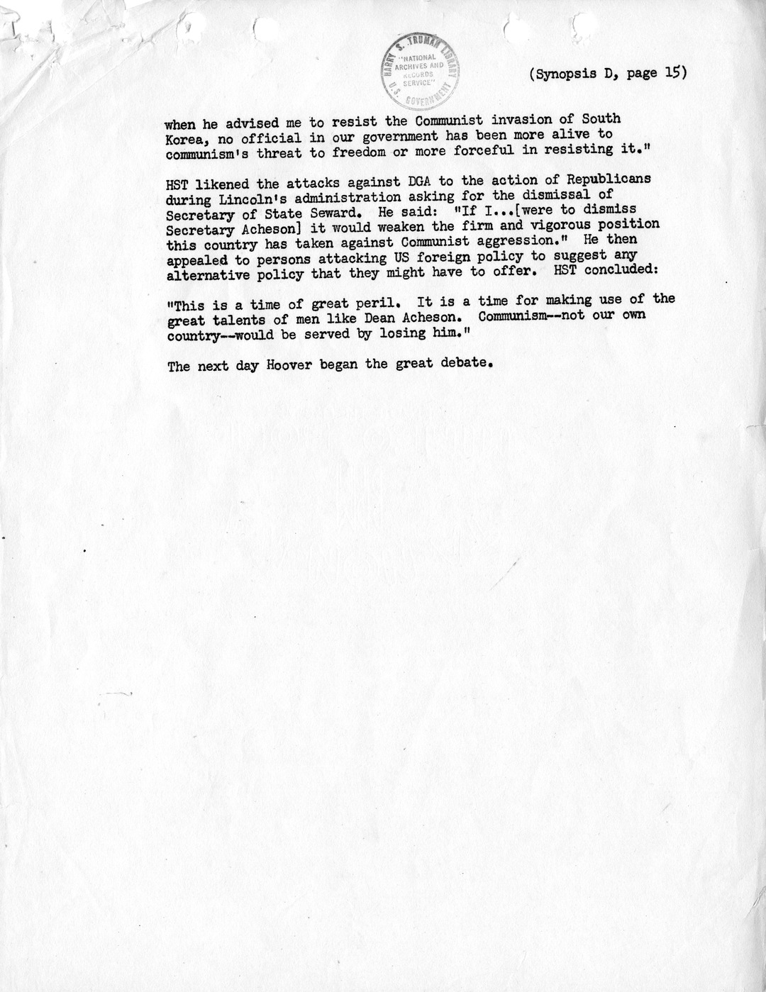 Synopsis D, Korea - Diplomatic-Political Developments, September-December 1950