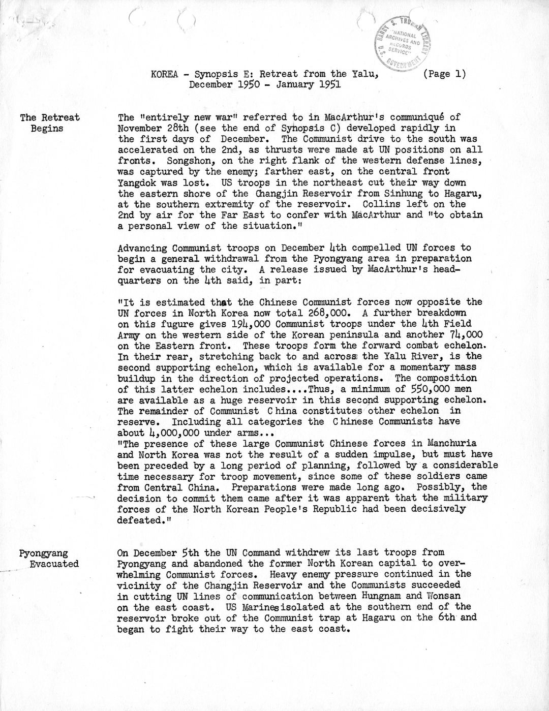 Synopsis E, Korea - Retreat from the Yalu, December 1950-January 1951