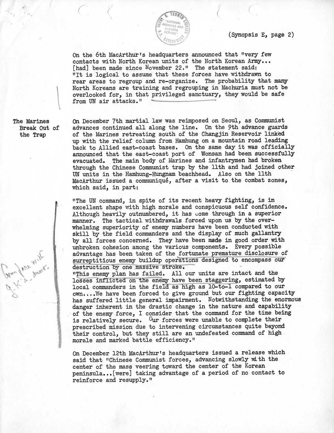 Synopsis E, Korea - Retreat from the Yalu, December 1950-January 1951