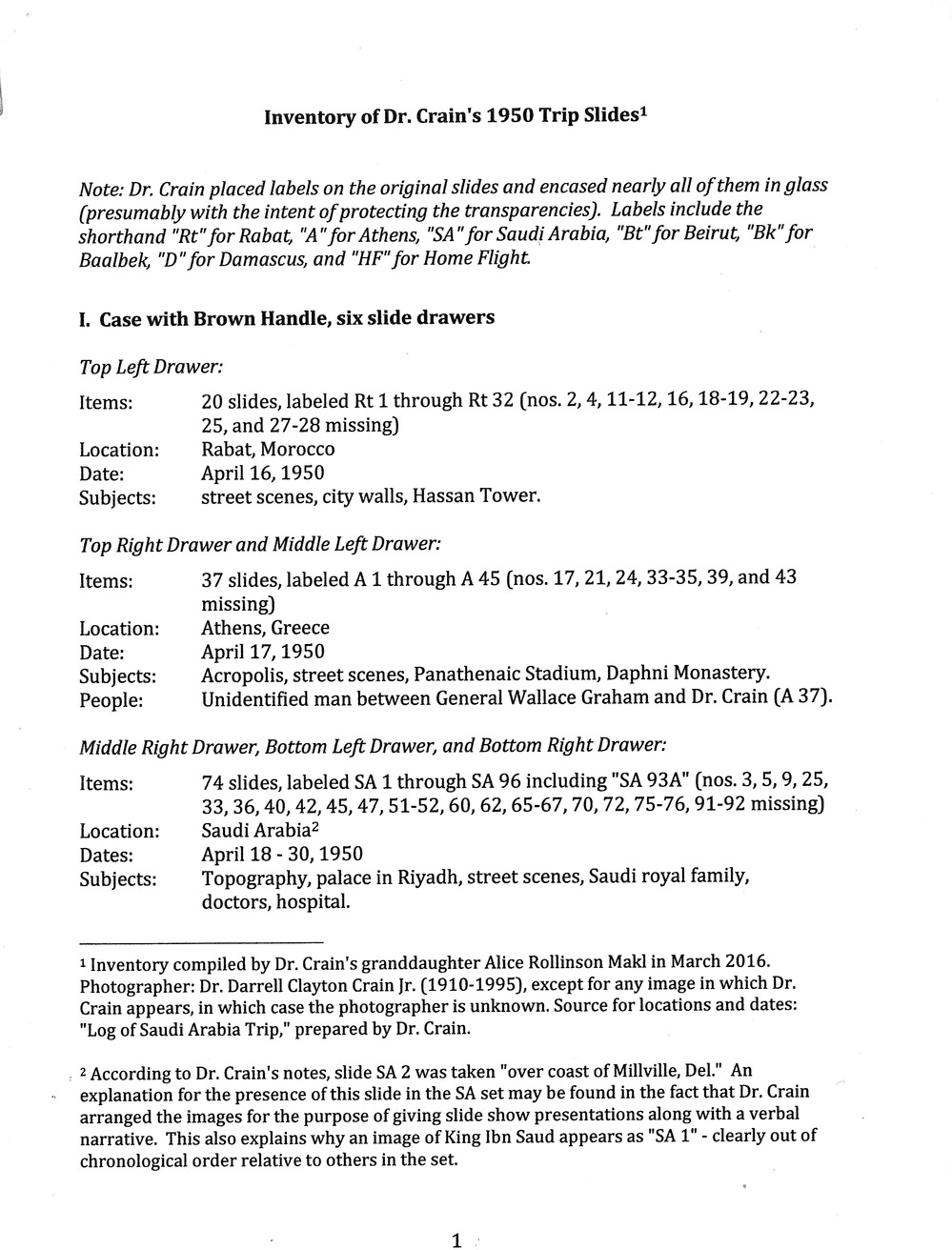 Memorandum, Inventory of Arabian Trip Slides