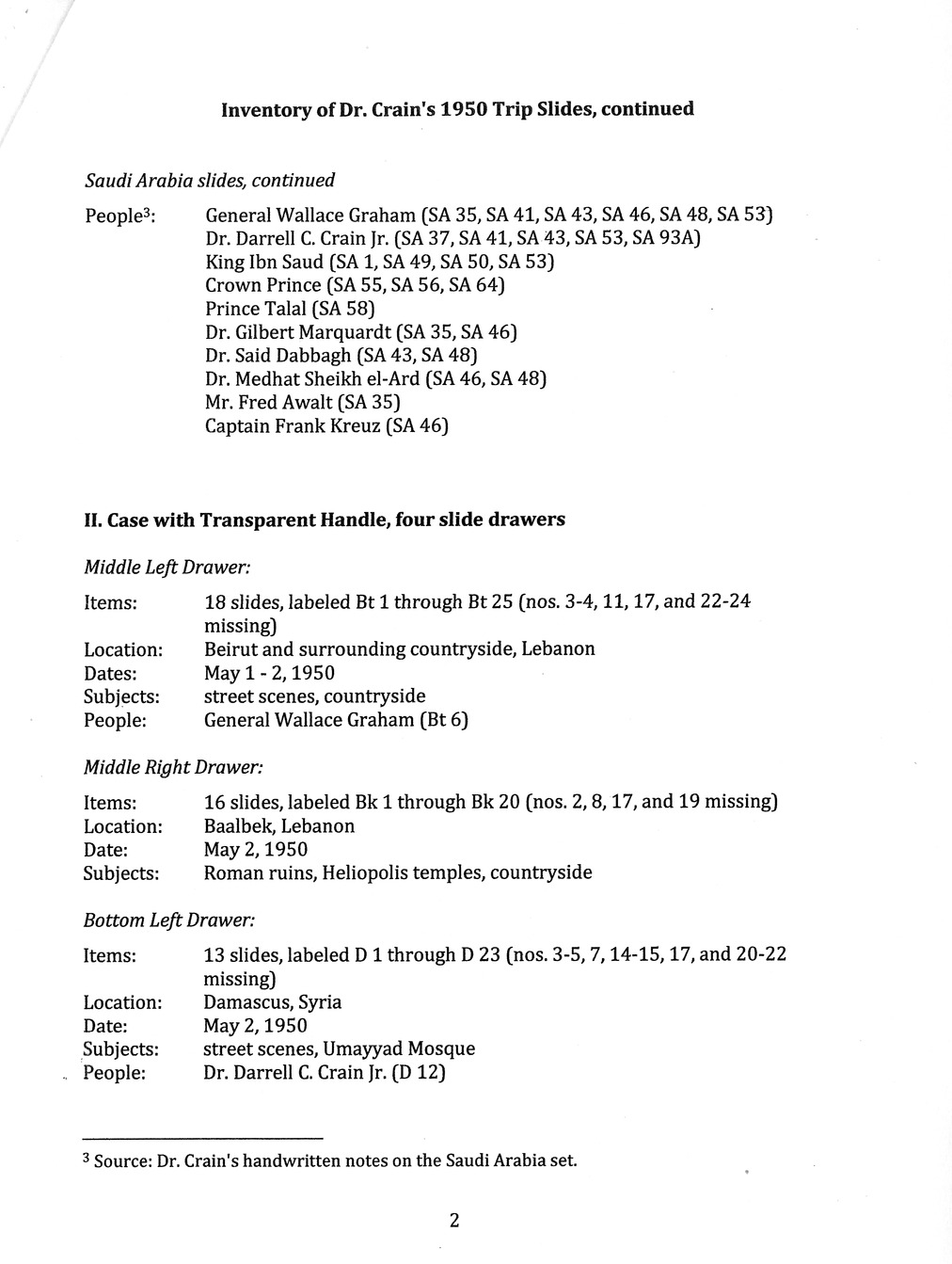 Memorandum, Inventory of Arabian Trip Slides