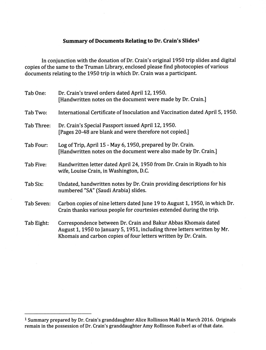 Memorandum, Summary of Documents Relating to Slides