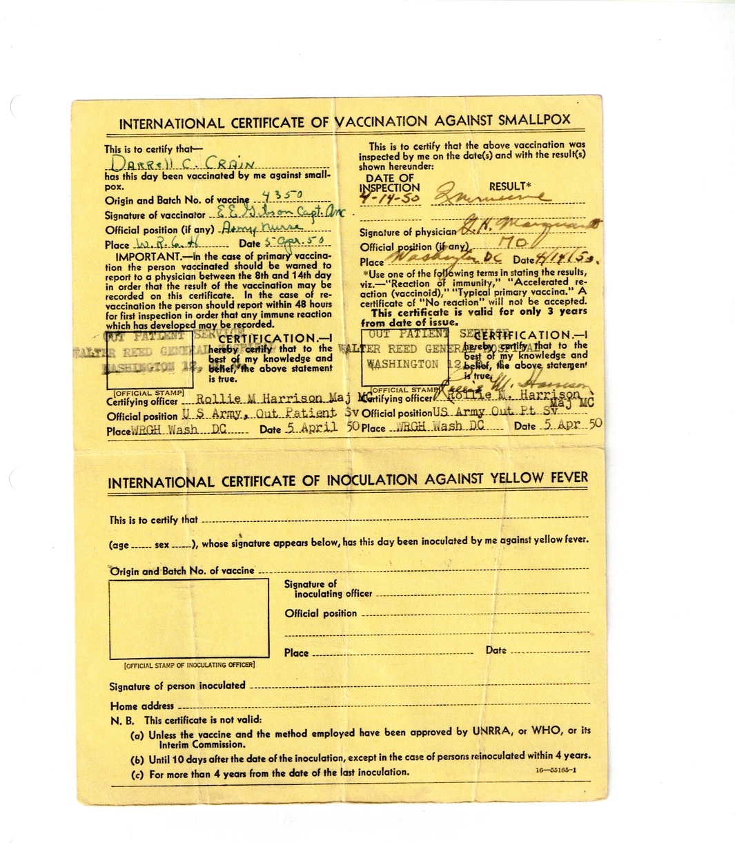 Certificate of Vaccination and Inoculation for Dr. Darrell Crain