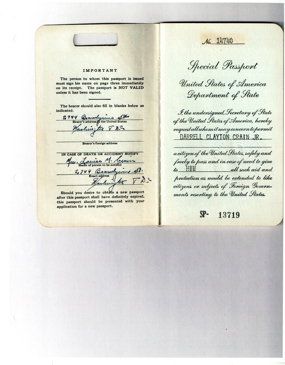 Special United States Passport for Dr. Darrell Crain