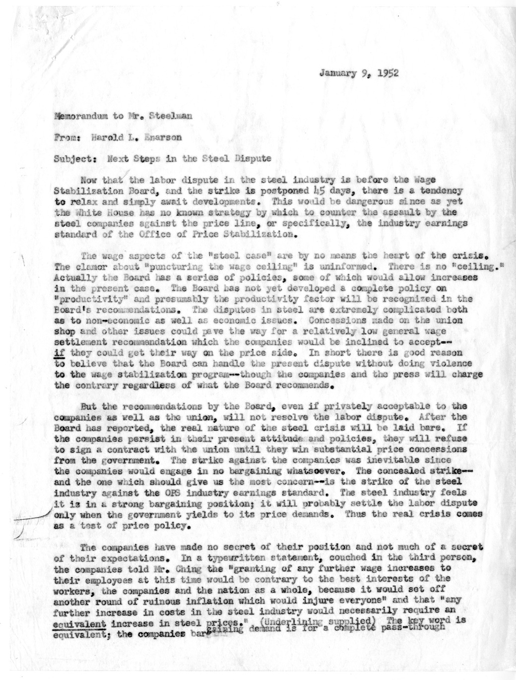 Memorandum from Harold L. Enarson to John Steelman