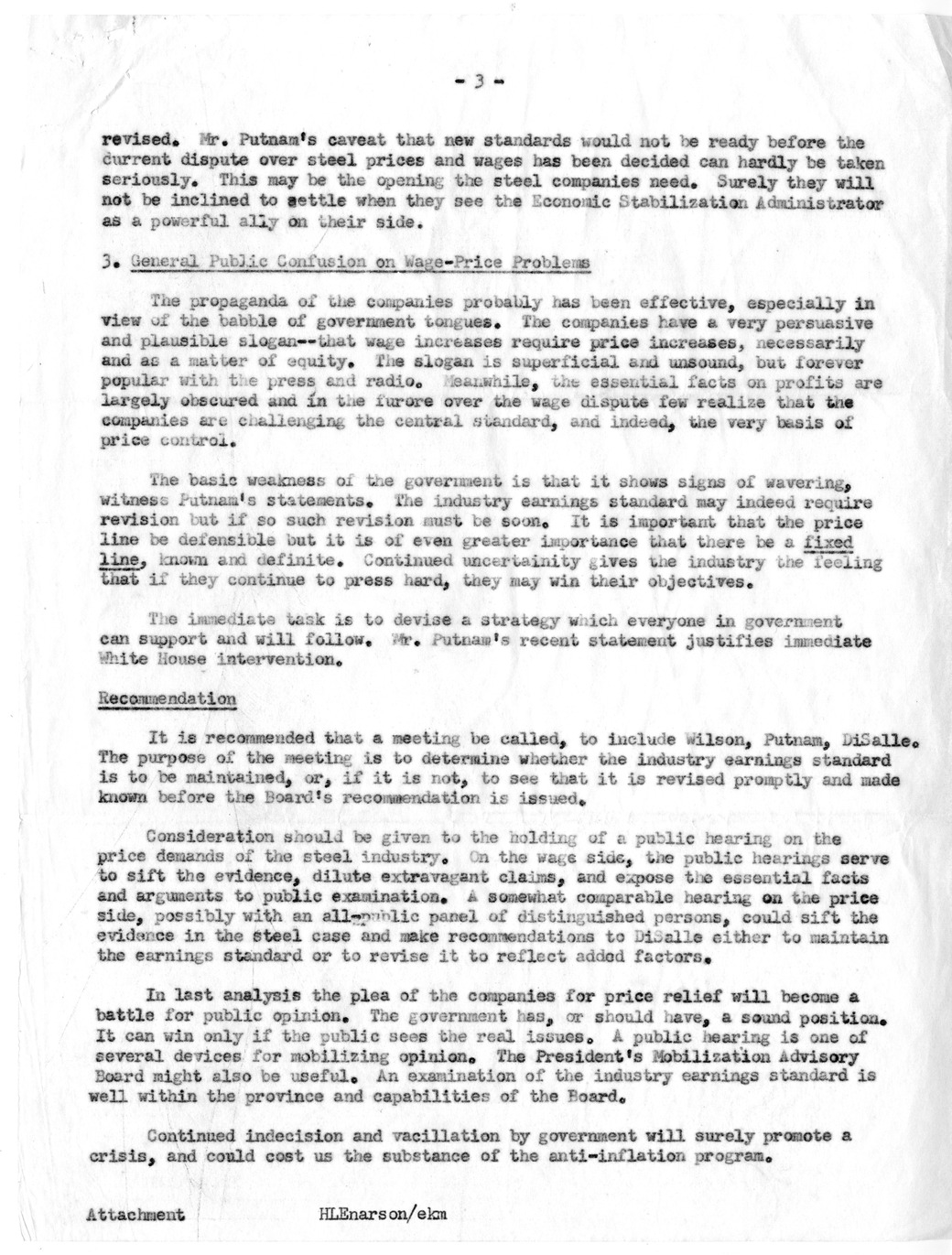 Memorandum from Harold L. Enarson to John Steelman