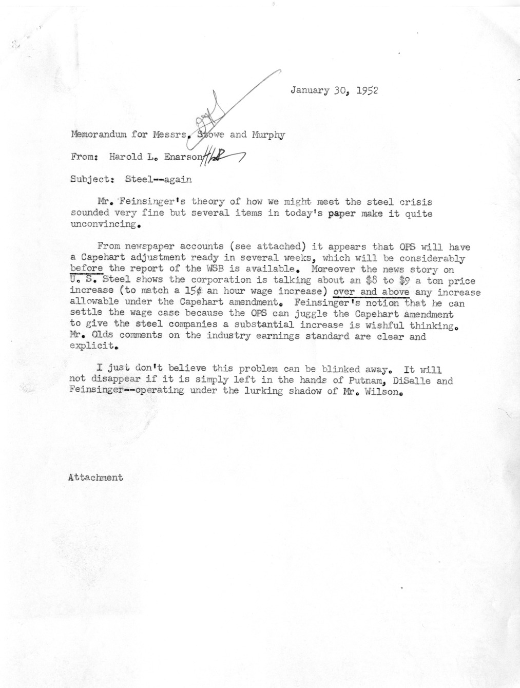 Memorandum from Harold L. Enarson to David Stowe and Charles Murphy with Attachment