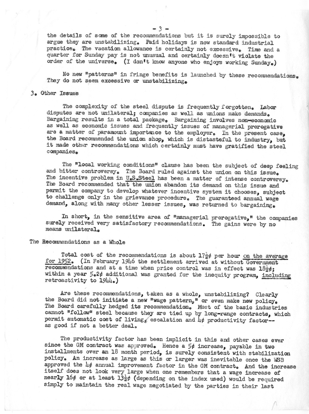 Report from Harold Enarson, Analysis of Report and Recommendations of Wage Stabilization Board in the Steel Case