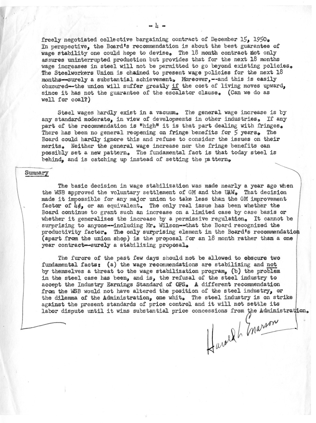 Report from Harold Enarson, Analysis of Report and Recommendations of Wage Stabilization Board in the Steel Case