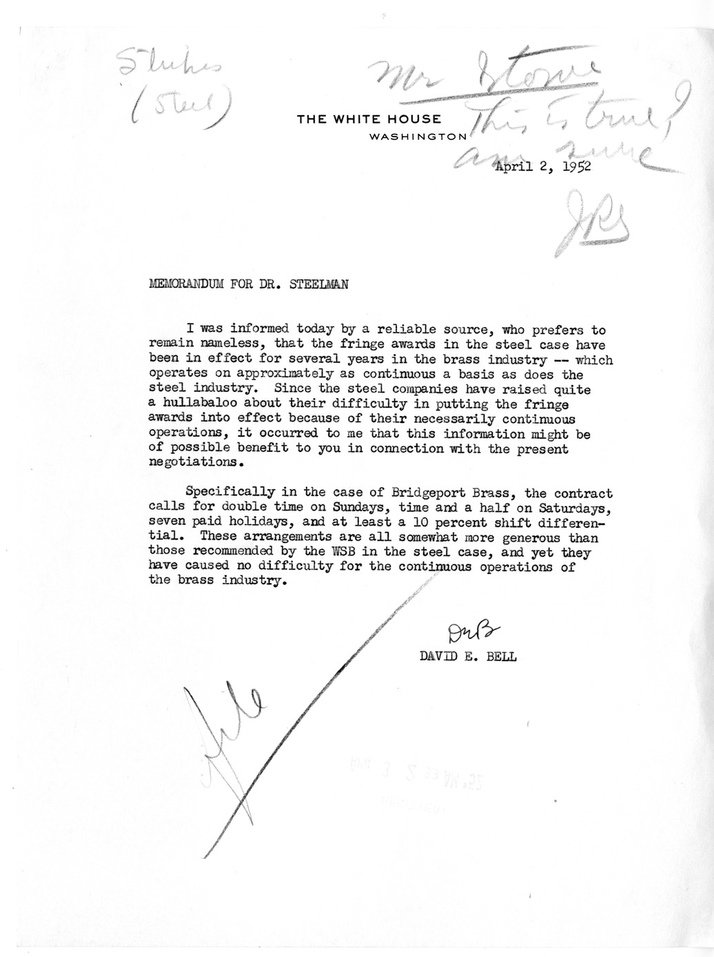 Memorandum from David E. Bell to John Steelman