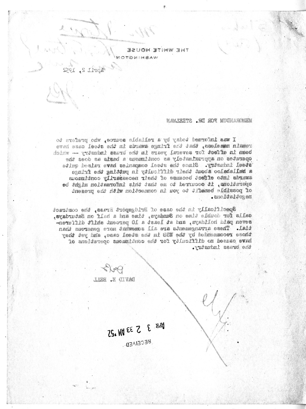 Memorandum from David E. Bell to John Steelman