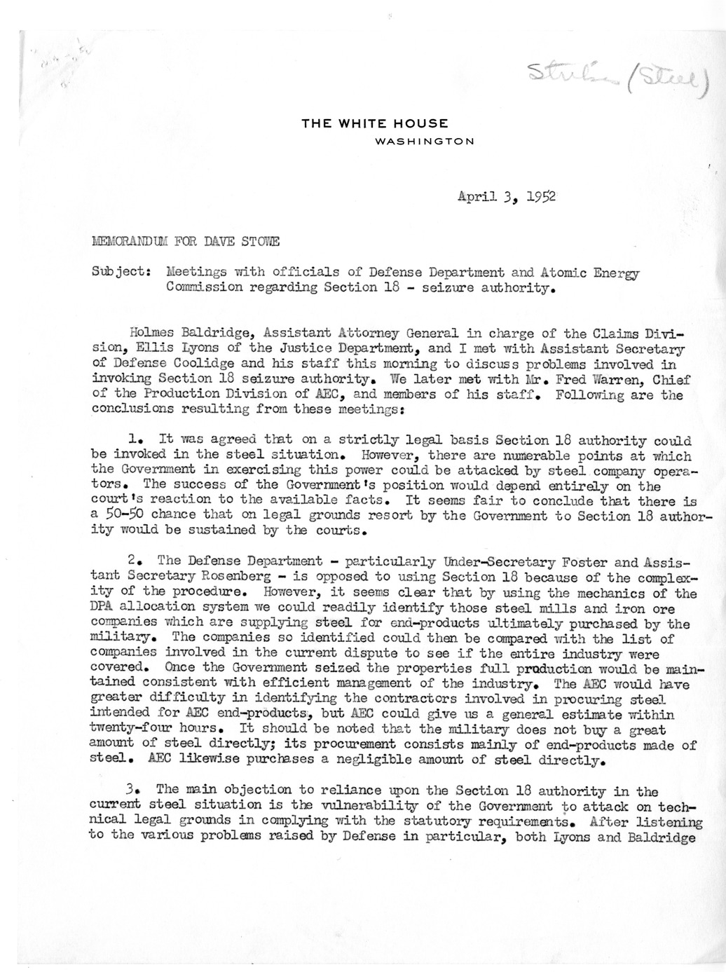 Memorandum from Milton P. Kayle to David Stowe