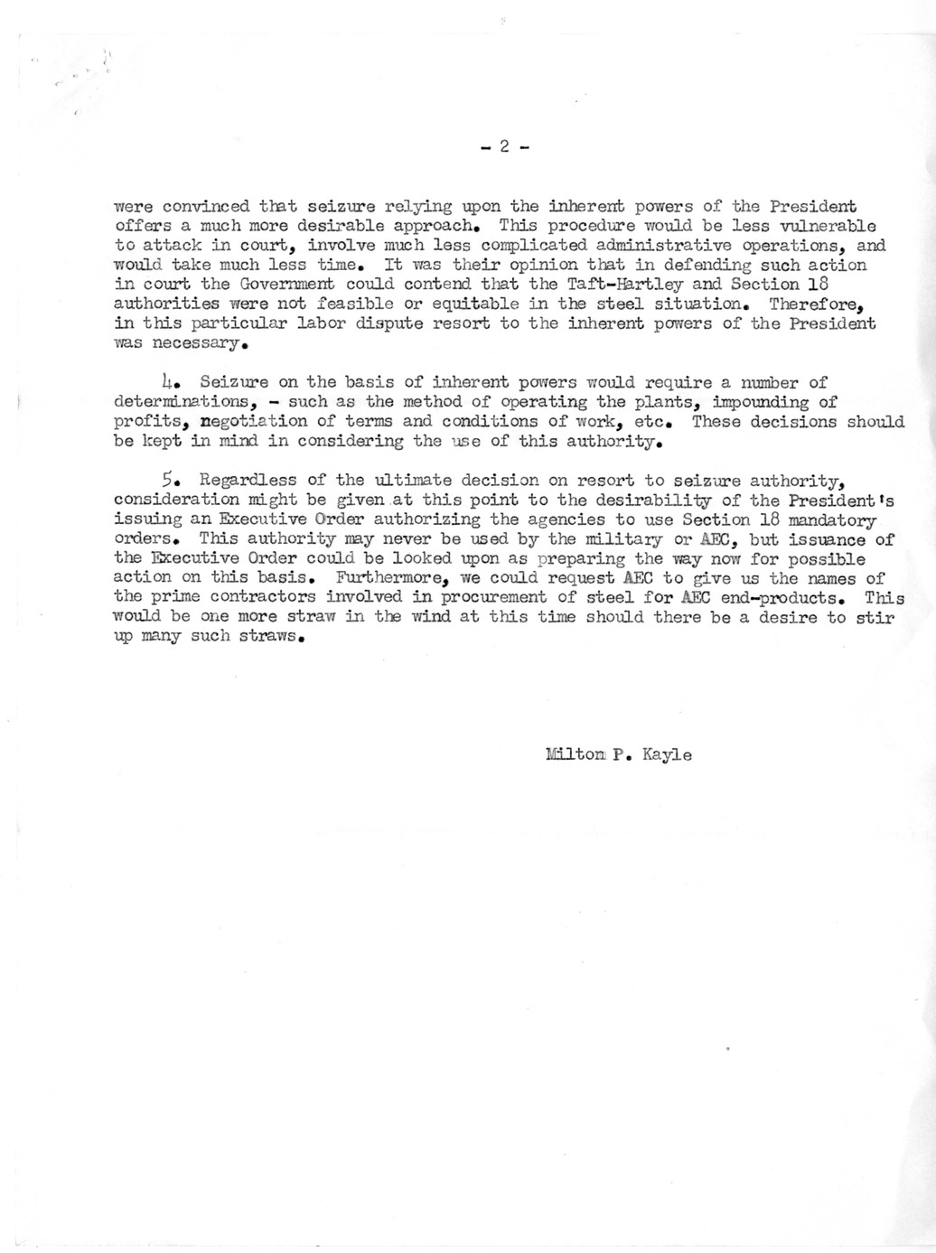 Memorandum from Milton P. Kayle to David Stowe