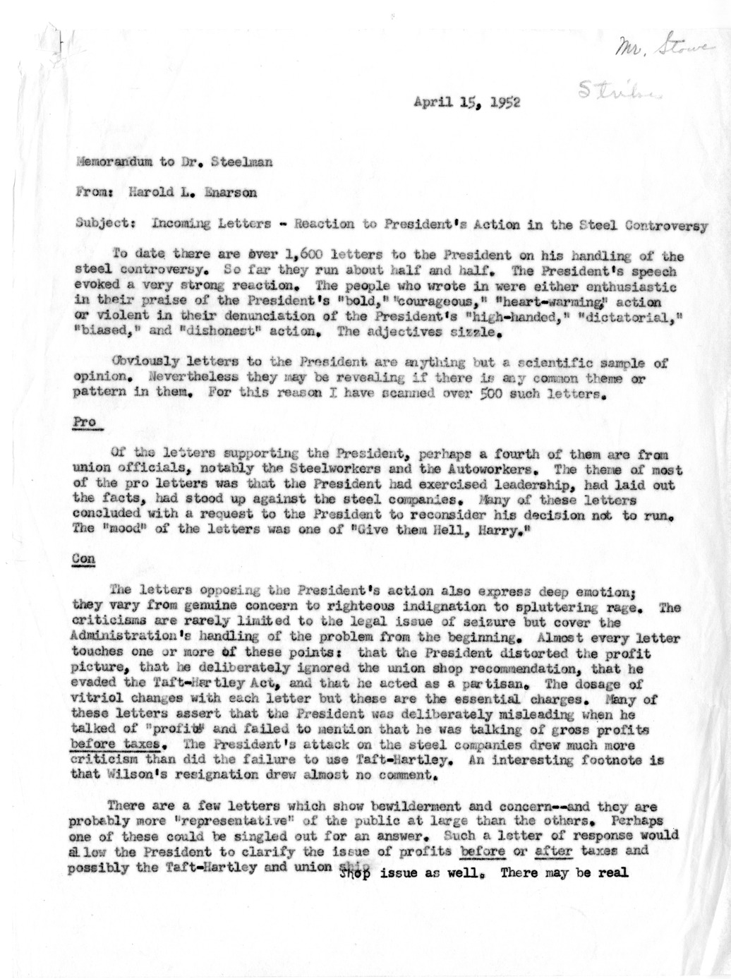 Memorandum from Harold L. Enarson to Dr. Steelman