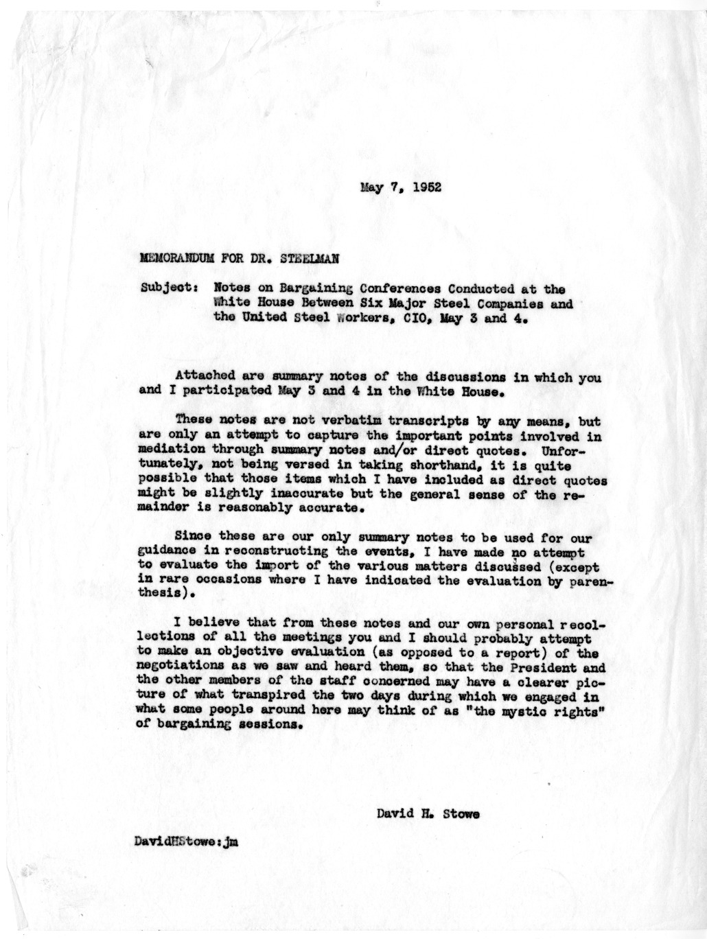 Memorandum from David H. Stowe to John Steelman