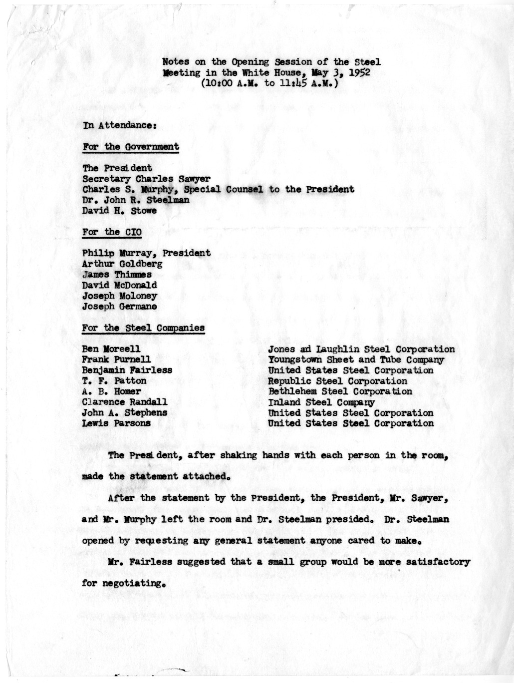 Notes on the Opening Session of the Steel Meeting in the White House