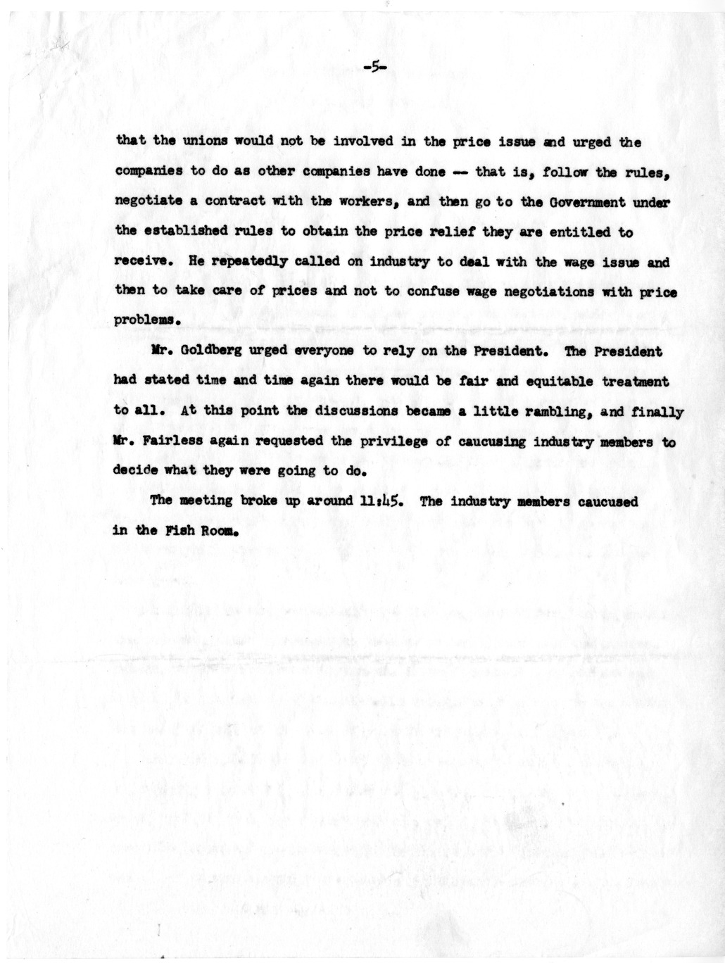 Notes on the Opening Session of the Steel Meeting in the White House