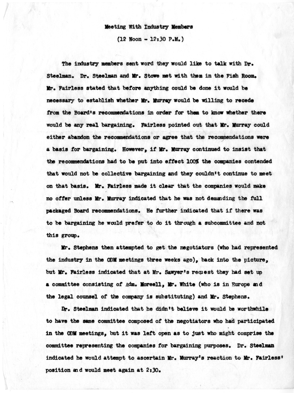 Memorandum, Notes on Meeting with Industry Members
