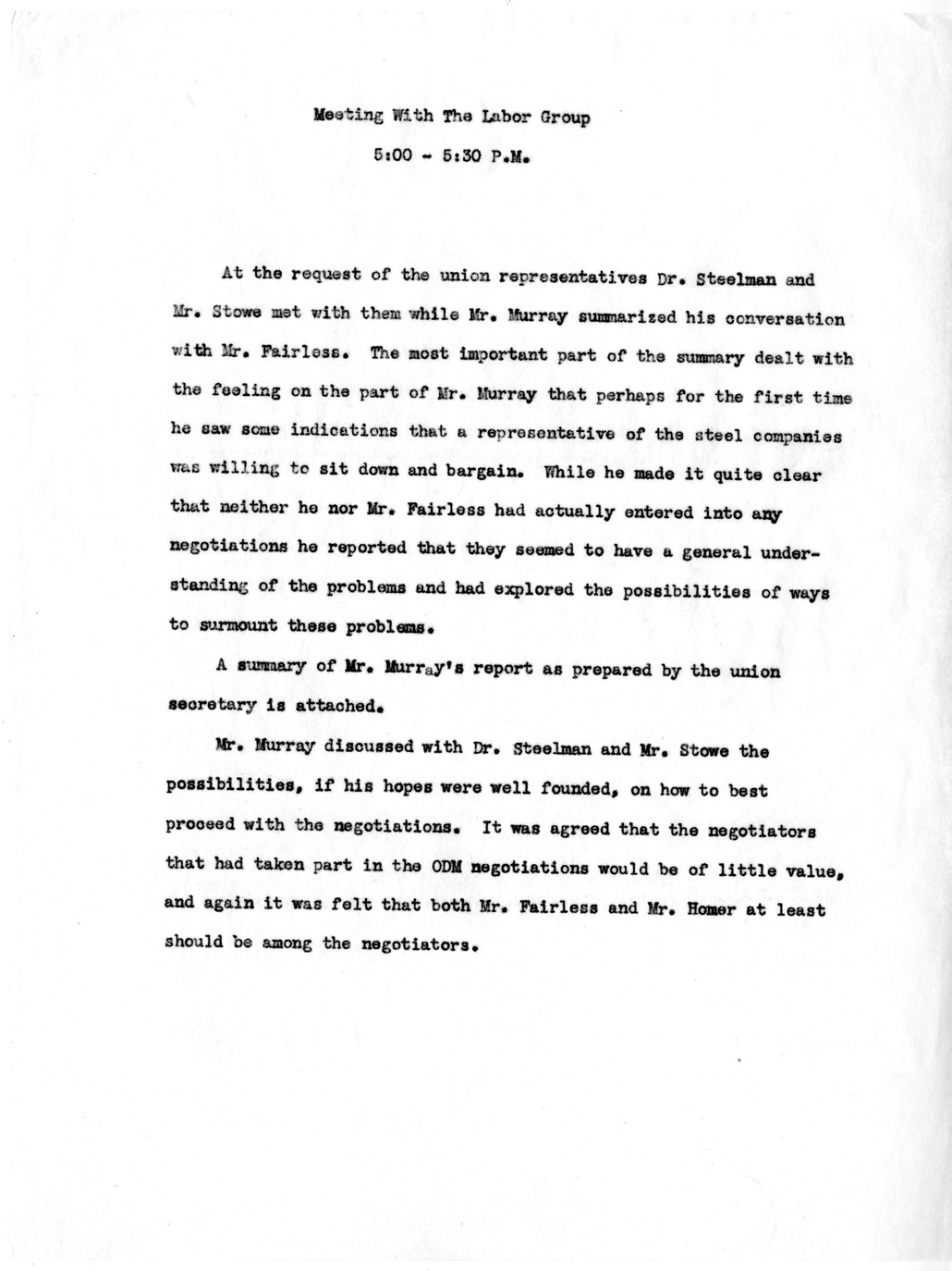 Memorandum, Notes on Meeting with the Labor Group