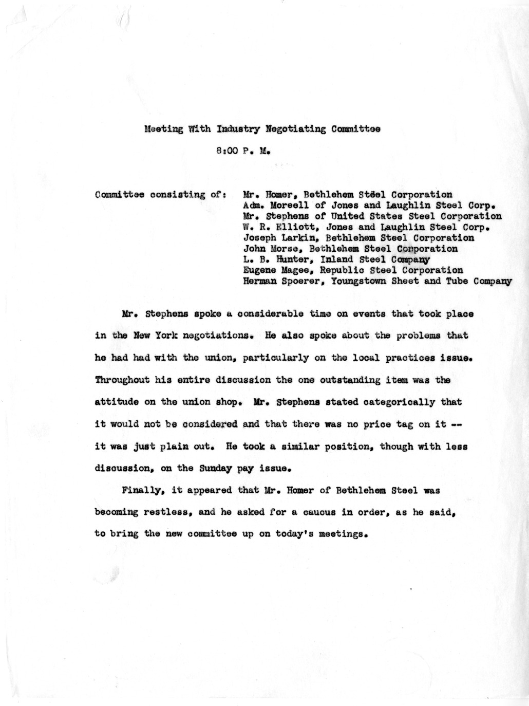 Memorandum, Notes on Meeting with Industrial Committee