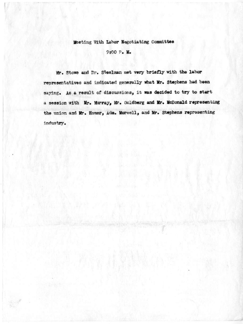 Memorandum, Notes on Meeting with Labor Negotiating Committee