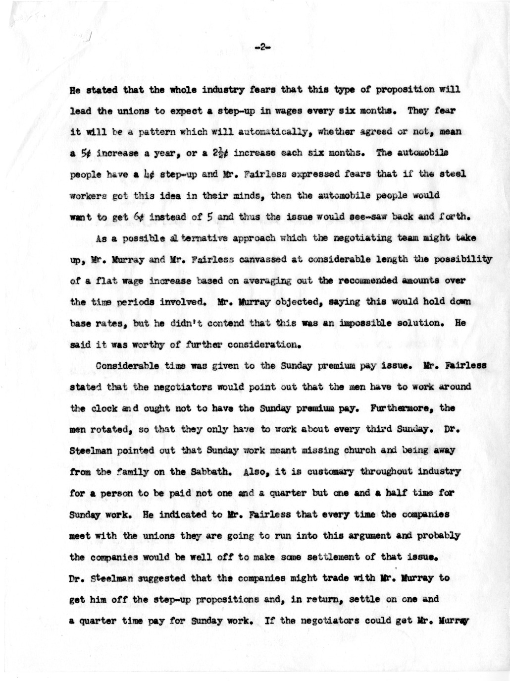 Memorandum, Notes on Meeting of Dr. Steelman, Mr. Fairless and Mr. Murray