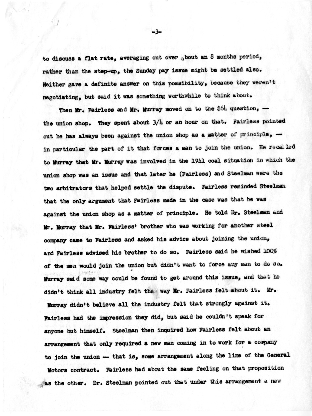 Memorandum, Notes on Meeting of Dr. Steelman, Mr. Fairless and Mr. Murray