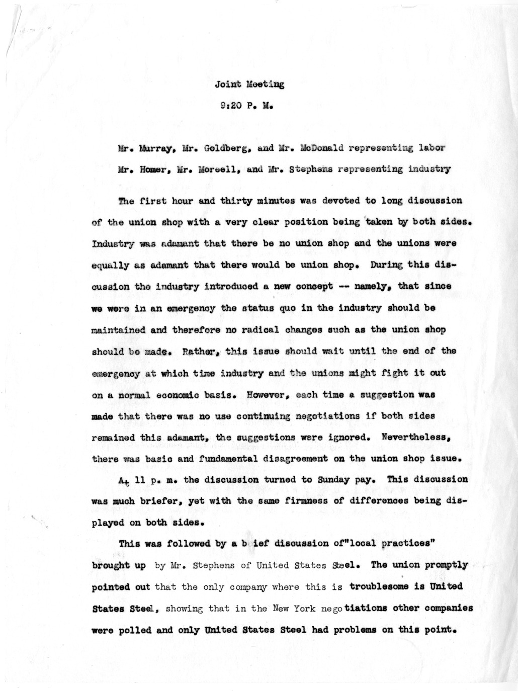 Memorandum, Notes on Joint Meeting