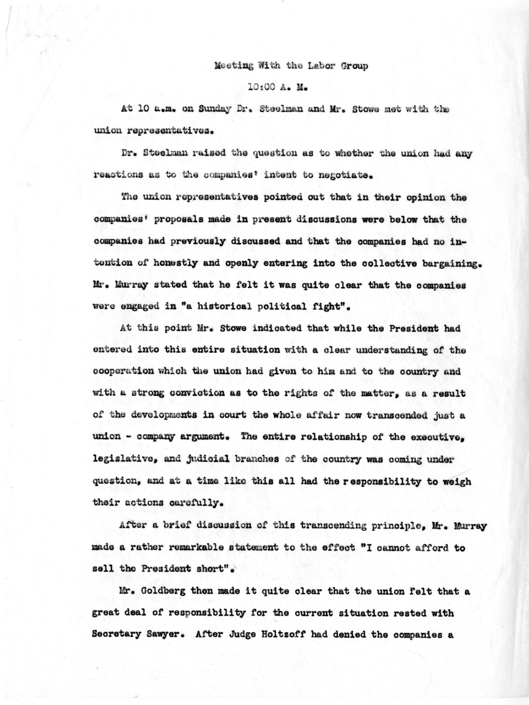 Memorandum, Notes on Meeting with the Labor Group