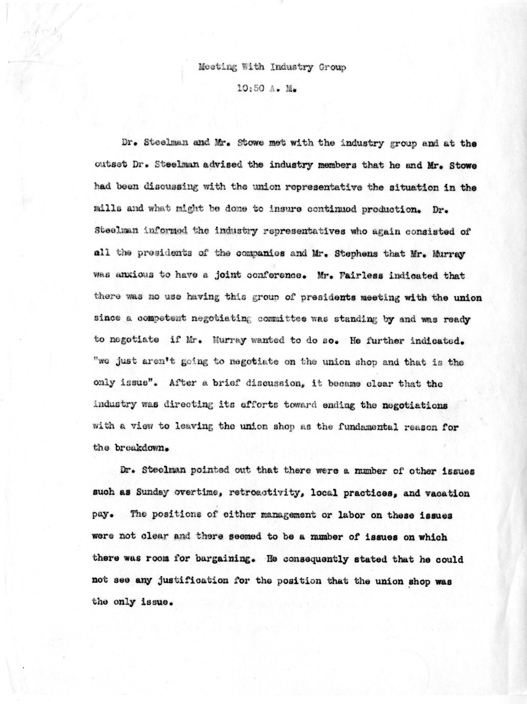 Memorandum, Notes on Meeting with Industry Group