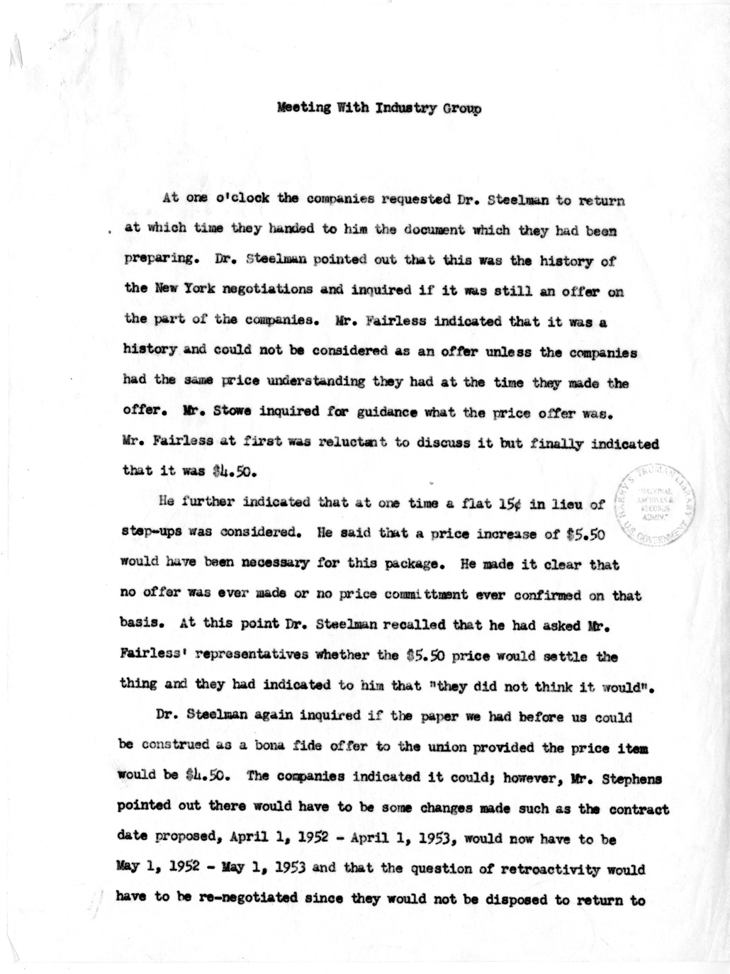 Memorandum, Notes on Meeting with Industry Group