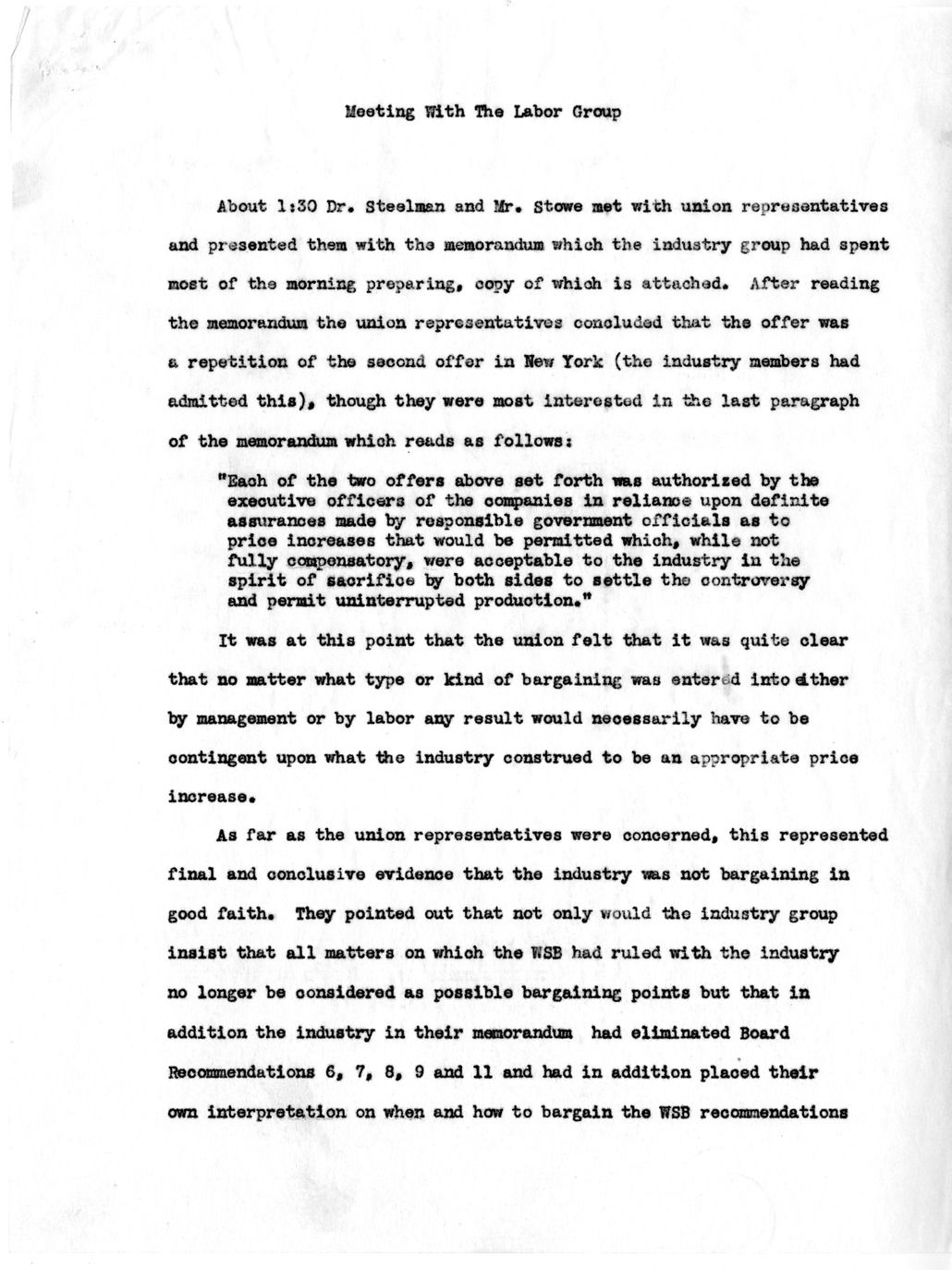 Memorandum, Notes on Meeting with the Labor Group