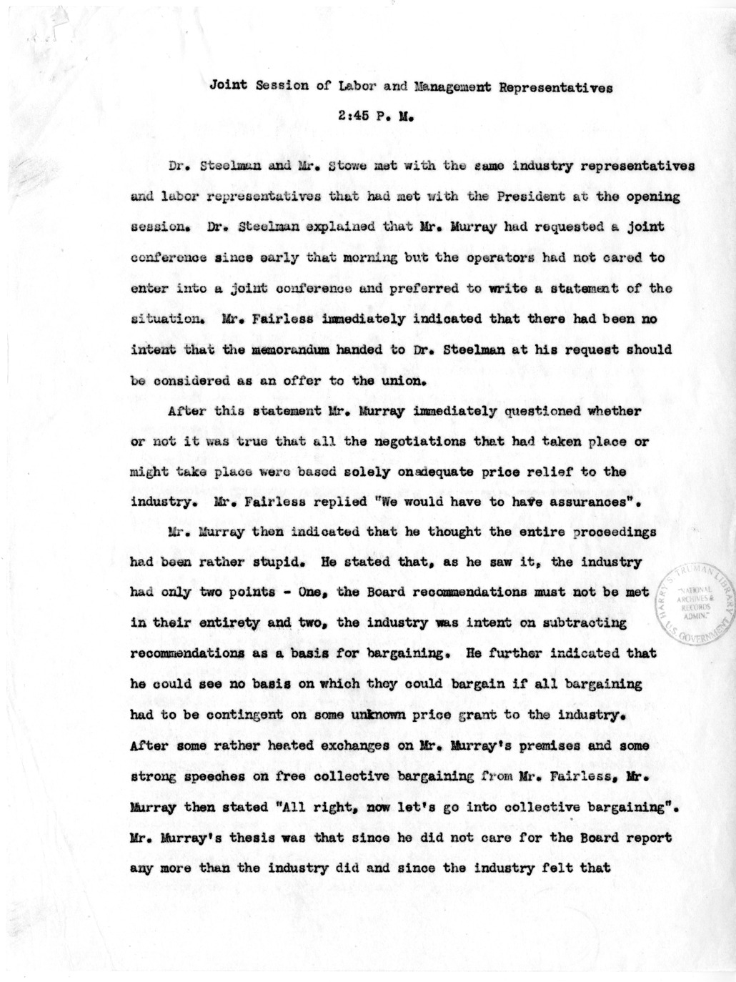 Memorandum, Notes on the Joint Session of Labor and Management Representatives