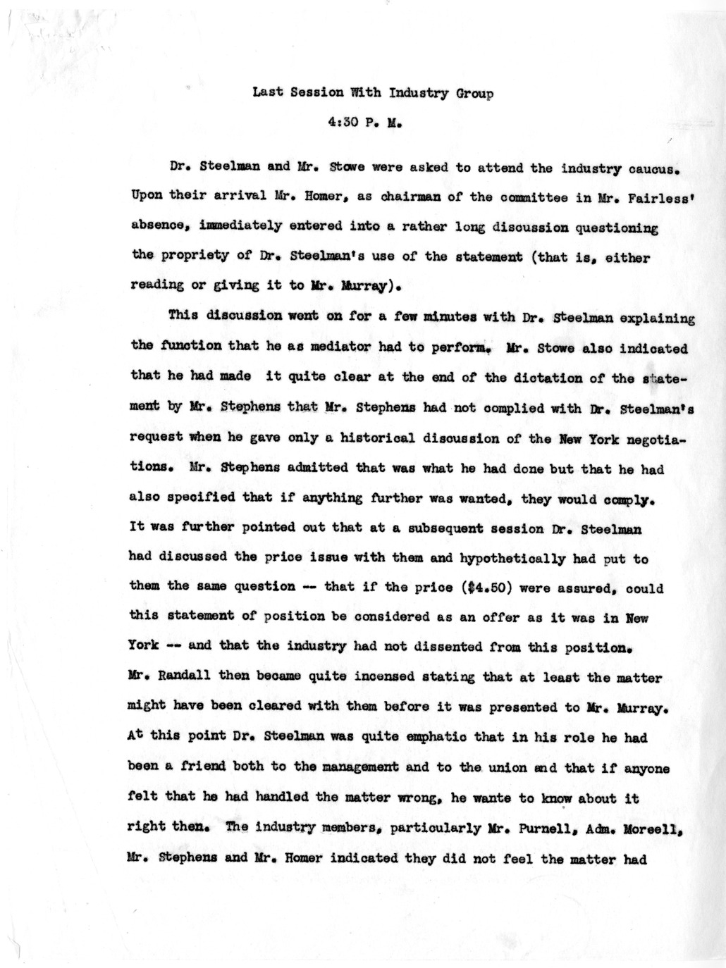 Memorandum, Notes on Last Session with Industry Group